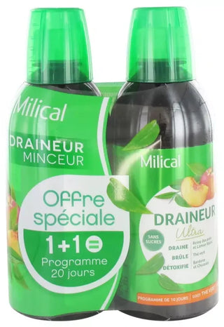Milical Draineur Minceur Ultra Lot de 2 x 500 ml (= Programme de 20 Jours) - Saveur : Thé vert / Pêche