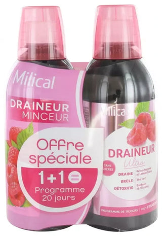 Milical Draineur Minceur Ultra Lot de 2 x 500 ml (= Programme de 20 Jours) - Saveur : Framboise
