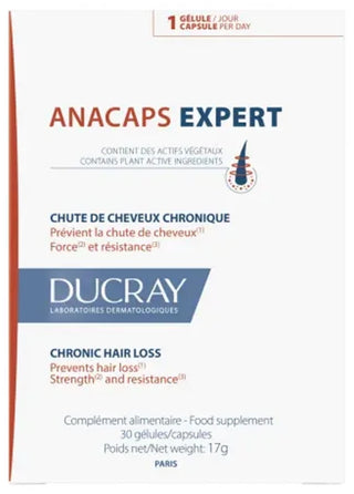 Ducray Anacaps Expert - Chute de Cheveux Chronique Hormonale et Héréditaire Cure 1 Mois 30 Capsules