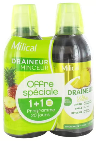 Milical Draineur Minceur Ultra Lot de 2 x 500 ml (= Programme de 20 Jours) - Saveur : Ananas