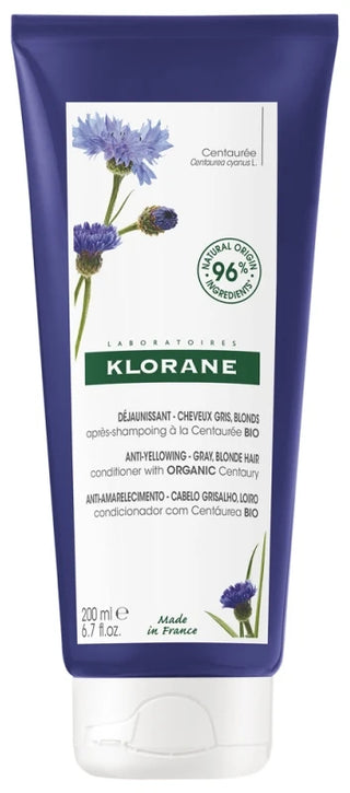 Klorane Centaurée Après-Shampoing Déjaunissant à la Centaurée Bio - Cheveux Gris Blancs Blonds 200 ml