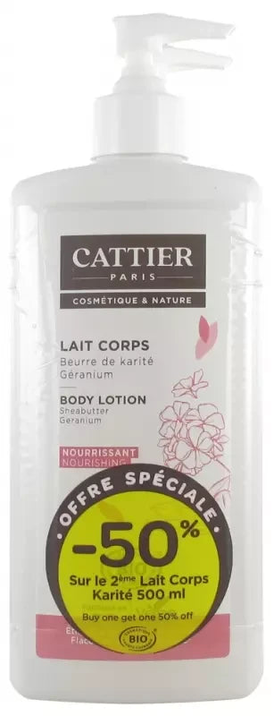 Cattier Lot de 2 Laits Corps Karité/Géranium 5Ooml - 50% Sur le Second