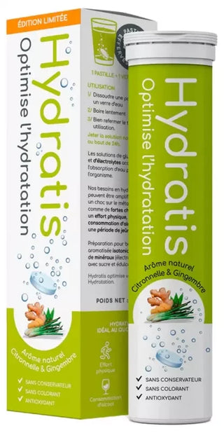 Hydratis Pastilles Hydratation Accélérée - Boisson Électrolytes Magnésium Zinc Potassium - 20 Pastilles - Arôme : Citronnelle Gingembre