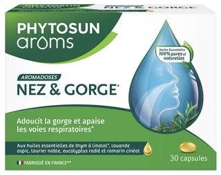 Phytosun Arôms Apsules Nez et Gorge Adoucit la Gorge et Apaise Les Voies Respiratoires Grâce Aux Huiles Essentielles de Thym et d'Eucalyptus 30 Capsules