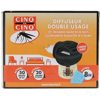 CINQ SUR CINQ Diffuseur Electrique Anti-Moustiques Double Usage : + 4 Recharges Plaquettes de 8h + 1 Recharge Liquide de 50 nuits pour 30 m3