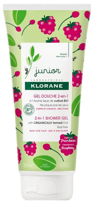 Klorane Junior - Gel Douche 2-en-1 à l'Bio - Framboise - Corps et Cheveux - Enfant 200 ml - Parfum : Framboise