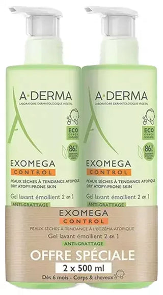 A-Derma Exomega Control Gel Lavant Émollient 2en1 Anti-Grattage Lot de 2 x 500 ml