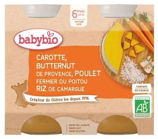 Babybio Carotte Butternut de Notre Ferme Poulet Fermier du Poitou Riz de Camargue Dès 6 Mois 2 x 200 g