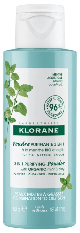 Klorane Menthe Aquatique et Argile - Poudre Purifiante Visage 3 en 1 Bio 50 g
