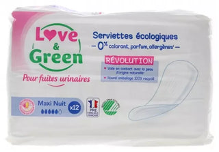 Love & Green Pour Fuites Urinaires Serviettes Hypoallergéniques et Écologiques "nuit" X 12