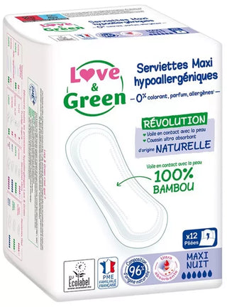 Love & Green Serviettes Hypoallergéniques et Écologiques "maxi Nuit" X 12