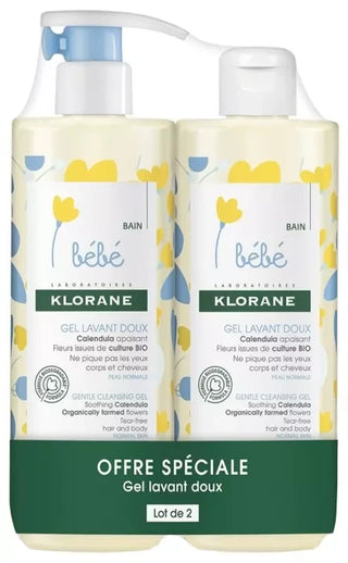 Klorane Bébé Gel Lavant Doux au Calendula Apaisant Corps Et Cheveux Peau Normale - Offre Spéciale Duo 2 x 500 ml