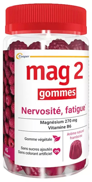 Mag 2 Mag2 Gommes Nervosité-Fatigue Complément Alimentaire Magnésium-Vitamine B6 Arôme Framboise 45 Pièces