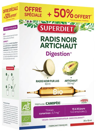 Superdiet Radis Noir - Artichaut Bio - Format Promo 20 Ampoules de 15 ml + 10 Ampoules Offertes