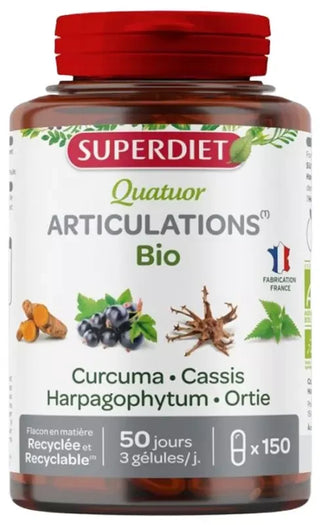 Superdiet Quatuor Curcuma Articulations Bio Curcuma Cassis Harpagophytum Ortie - 150 Gélules