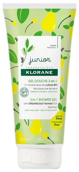 Klorane Avoine Junior - Gel Douche 2-en-1 à l'Bio - Framboise - Corps et Cheveux - Enfant 200 ml - Parfum : Poire