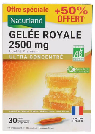 Naturland Gelée Royale 2500 mg Ultra Concentré Bio 20 Ampoules + 10 Ampoules Offertes