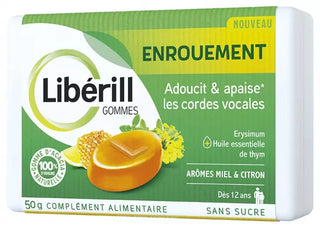 Libérill Gommes Enrouement Boite de 50 g Aux Ingrédients d'Origine Naturelle. Dès 12 Ans. Complément Alimentaire. Sans Sucre et Avec Édulcorants.