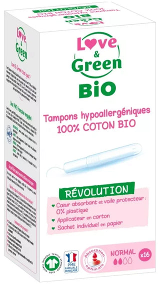 Love & Green Tampons 100% Coton Bio Hypoallergéniques et Écologiques Avec Applicateur "normal" X 16