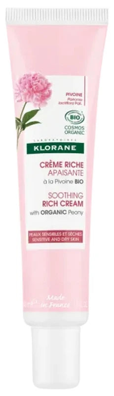 Klorane Pivoine — Crème Riche Apaisante à la Bio — Peaux Sensibles et Sèches 40 ml