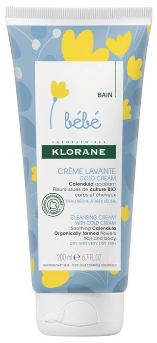 Klorane Calendula Bébé - Crème Lavante Cold Cream au - Bébé - Corps et Cheveux - Peau Sèche et Trèsèche 200 ml