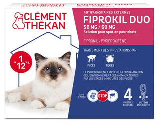 Clément Thékan Fiprokil Duo Chat 1 à 12 kg Antiparasitaire Puces et Tiques 4 Pipettes 0,5 ml