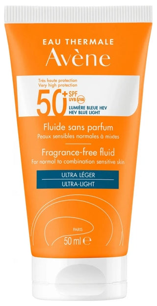 Avène Eau Thermale - Solaire - Fluide 50+ Uvb Uva Lumière Bleue Hev Peaux Sensibles Normales Sans Parfum 50 ml