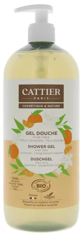 Cattier Gel Douche Sans Sulfate Aloe Vera Parfum Clémentine Fleur d'Oranger Bio 1 L