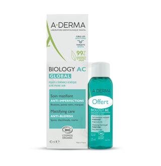 A-Derma Biology AC Soin Matifiant Anti-Imperfections 40ml Bio + Gel Moussant Nettoyant 25ml Bio