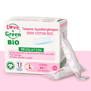 Love & Green tampons hypoallergénique 100% coton bio sans applicateur x16