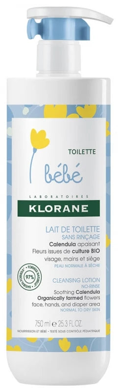 Klorane Calendula Bébé - Lait de Toilette Sans Rinçage Au Apaisant - Peau Normale à Sèche 750 ml