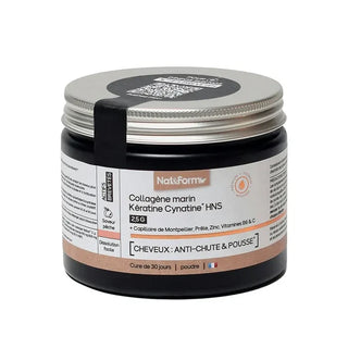 Nat & Form Collagène Marin Kératine Cynatine HNS 2.5g Cheveux Anti-Chute et Pousse Saveur Pêche 120g