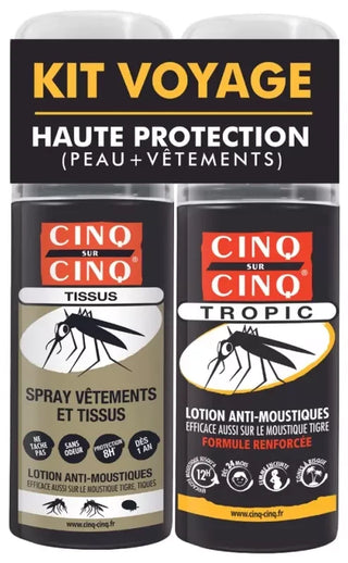 CINQ SUR CINQ Kit Voyage Anti-Moustiques Haute Protection - Peau + Vêtements - Lot de Spray Tropic 75ml + Spray Tissus 100 ml