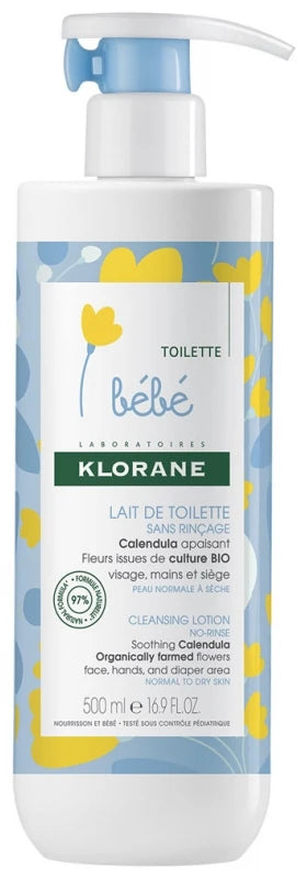 Klorane Calendula Bébé - Lait de Toilette Sans Rinçage Au Apaisant Peau Normale à Sèche 500 ml