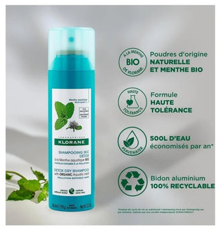 Klorane Menthe Aquatique Shampoing Sec Détox à la Menthe Aquatique Bio - Tous Types de Cheveux 150 ml