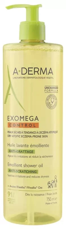 A-Derma Exomega Control Huile Lavante Émolliente Anti-Grattage Peaux Sensibles 750 ml
