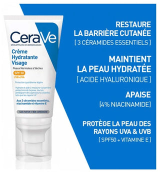 Cerave Crème Hydratante Visage SPF50 Peaux Normales à Sèches 52 ml