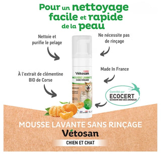 Clément Thékan Vétosan Mousse Lavante Sans Rinçage Chats et Chienss 150 ml