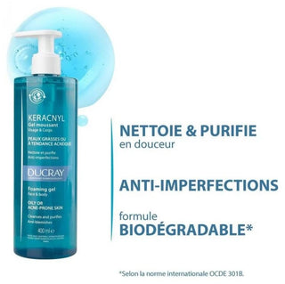 Ducray Keracnyl Gel Moussant - Peaux Grasses ou à Tendance Acnéique 400 ml