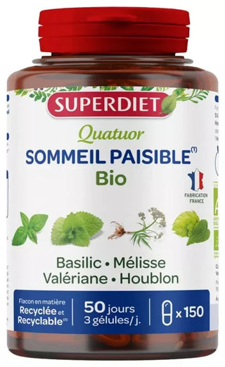 Superdiet Quatuor Sommeil Paisible Bio - Basilic Mélisse Valériane Houblon - 150 Gélules