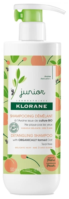Klorane Avoine Junior - Shampoing Démêlant à l'Bio - Parfum Pêche - Corps et Cheveux - Enfant 500 ml