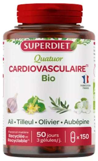 Superdiet Quatuor Ail Cardiovasculaire Bio Ail Olivier Tilleul Aubépine - 150 Gélules