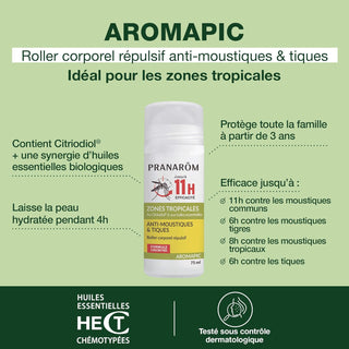 Pranarôm Aromapic Roller Corporel Anti-Moustiques & Tiques Zones Tropicales 75ml – Protection renforcée en zones à risque