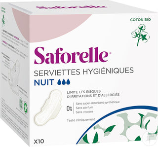 Saforelle Serviettes Hygiéniques Nuit Avec Ailettes en Coton Bio x10