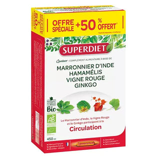 Superdiet Quatuor Vigne Rouge Circulation Bio Marronnier d'Inde Hamamélis Vigne Rouge Ginkgo - 20 Ampoules de 15 ml