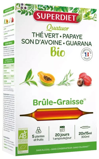 Superdiet Quatuor Guarana Brûle-Graisse Bio Thé Vert Papaye Son d'Avoine Guarana - 20 Ampoules de 15 ml
