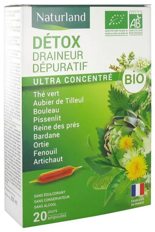 Naturland Détox Draineur Dépuratif Bio 20 Ampoules Buvables de 10 ml