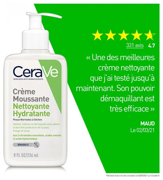 CeraVe Crème Moussante Nettoyante Hydratante Visage Peaux Normales à Sèches 236 ml