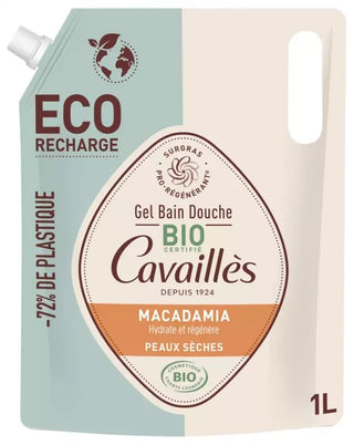 Cavaillès Gel Bain et Douche Huile de Macadamia Peaux Sèches Bio Éco-Recharge 1 L