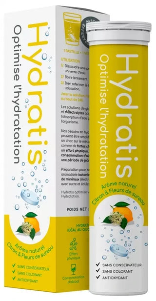Hydratis Pastilles Hydratation Accélérée - Boisson Électrolytes Magnésium Zinc Potassium - 20 Pastilles - Arôme : Citron Fleur de Sureau